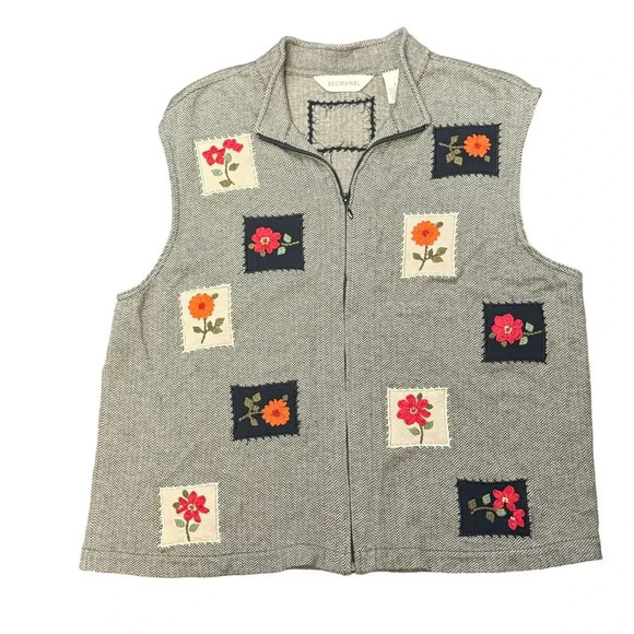 Vintage Bechamel 100% Cotton Floral Fall Patchwork Herringbone Vest Women's L - Picture 1 of 8